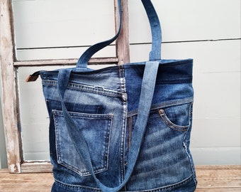 Cabas en denim patchwork, sac à bandoulière en denim, sac en denim recyclé, sac fourre-tout