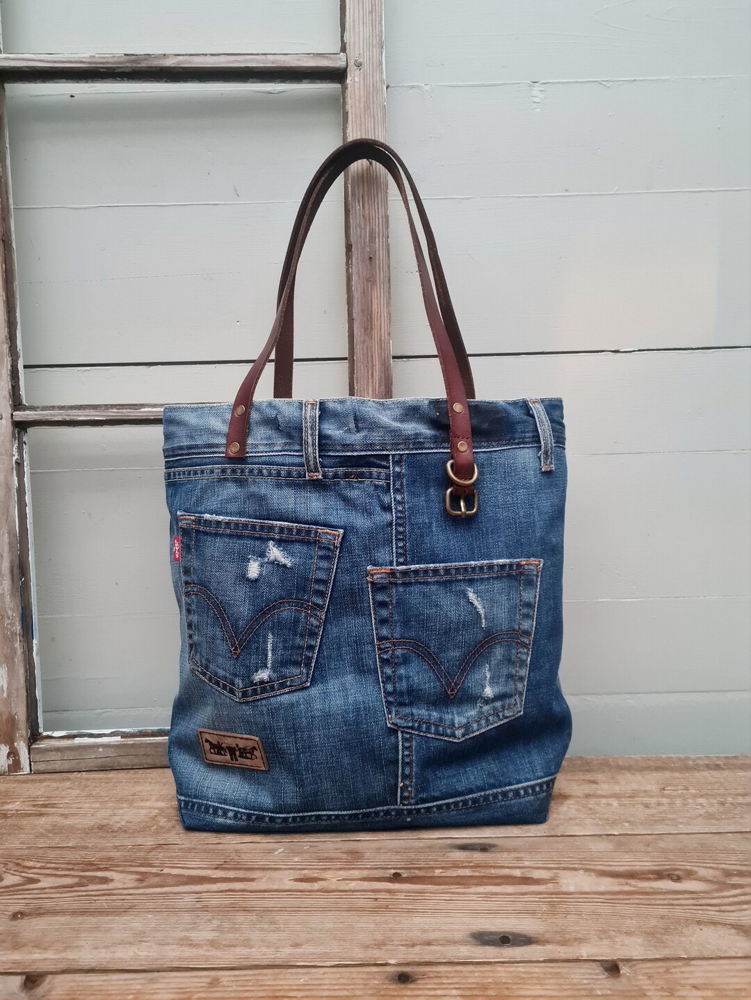 Levis Jeans Tote Bag With Leather Handle Levis Bag Denim - Etsy