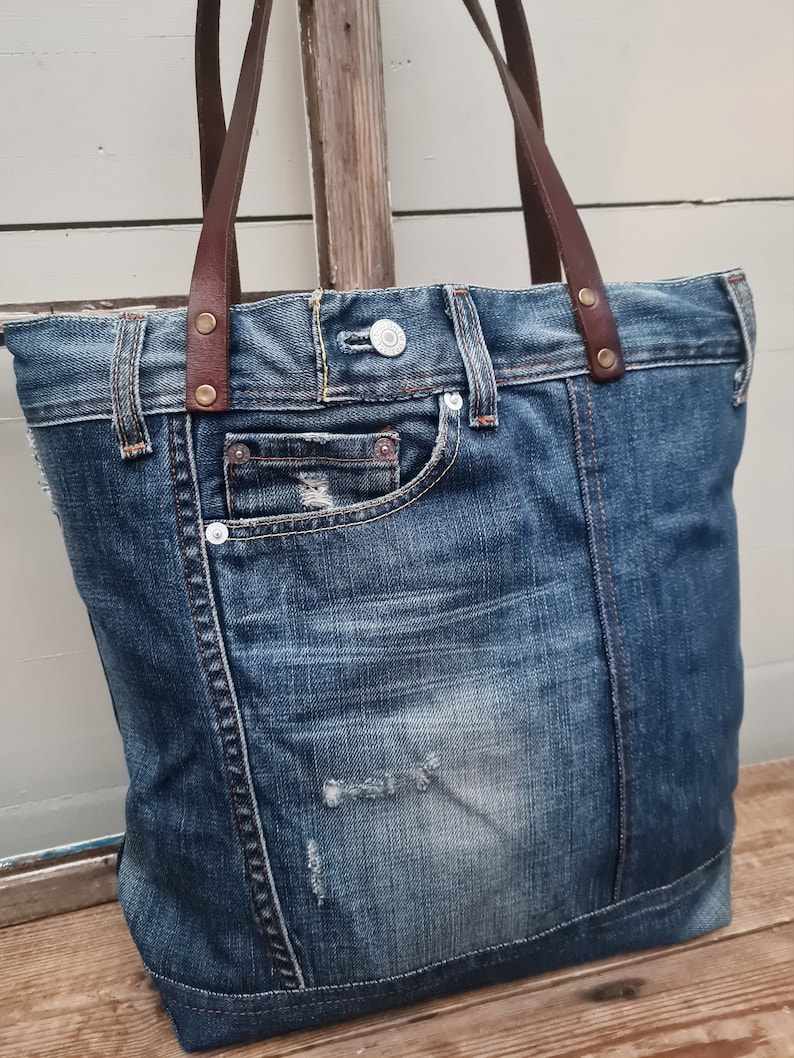 Levis Jeans Tote Bag With Leather Handle Levis Bag Denim - Etsy