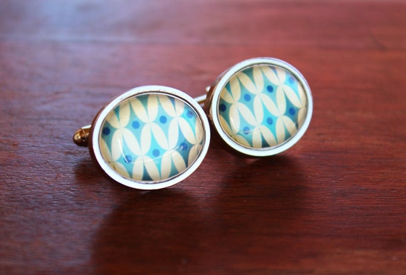 Geometric MCM Atomic Oval Silver Tone Cufflinks -… - image 1