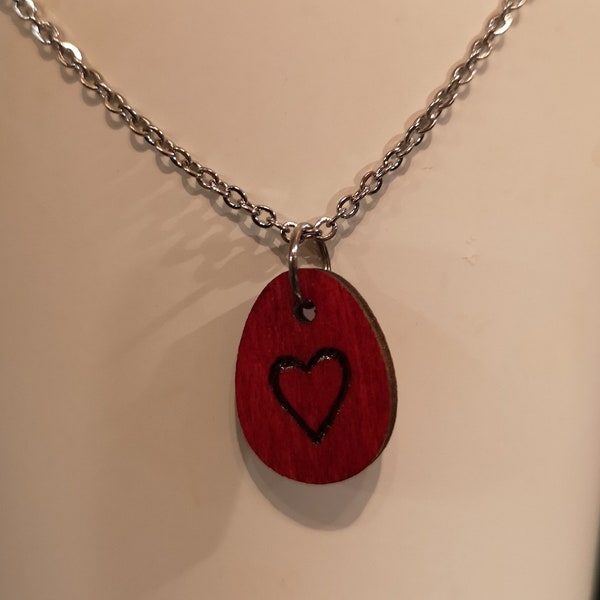 Valentine red heart wood pendant / stainless steel chain