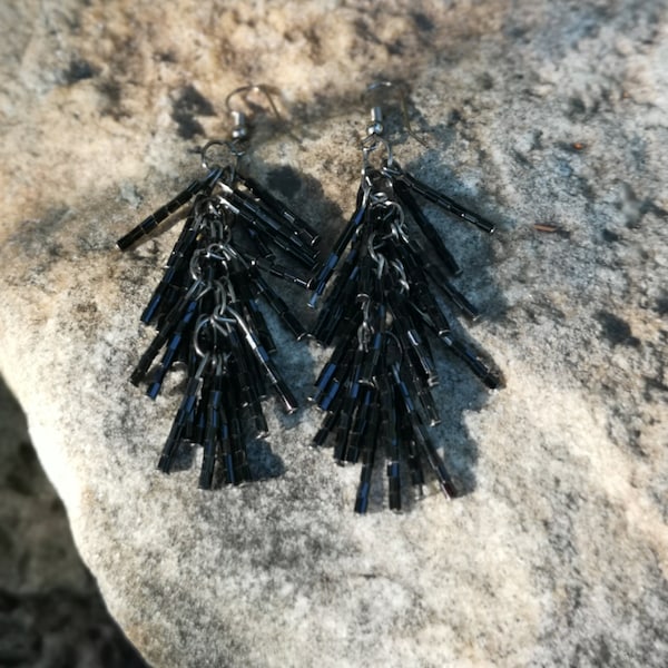 Tassel drops black beads vintage hook earrings