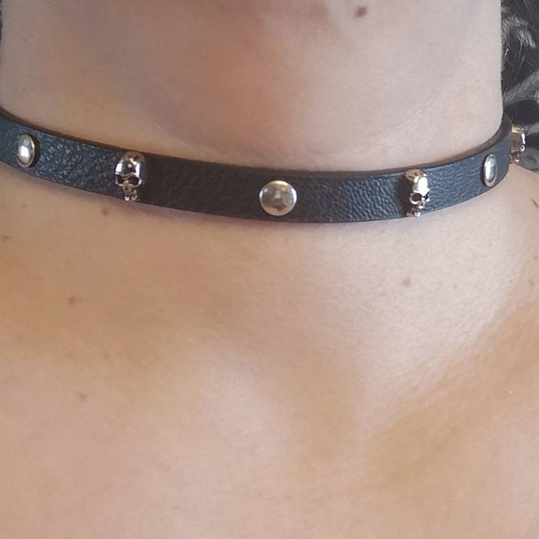 Gothic Black vegan leather choker necklace with skulls and flat round studs