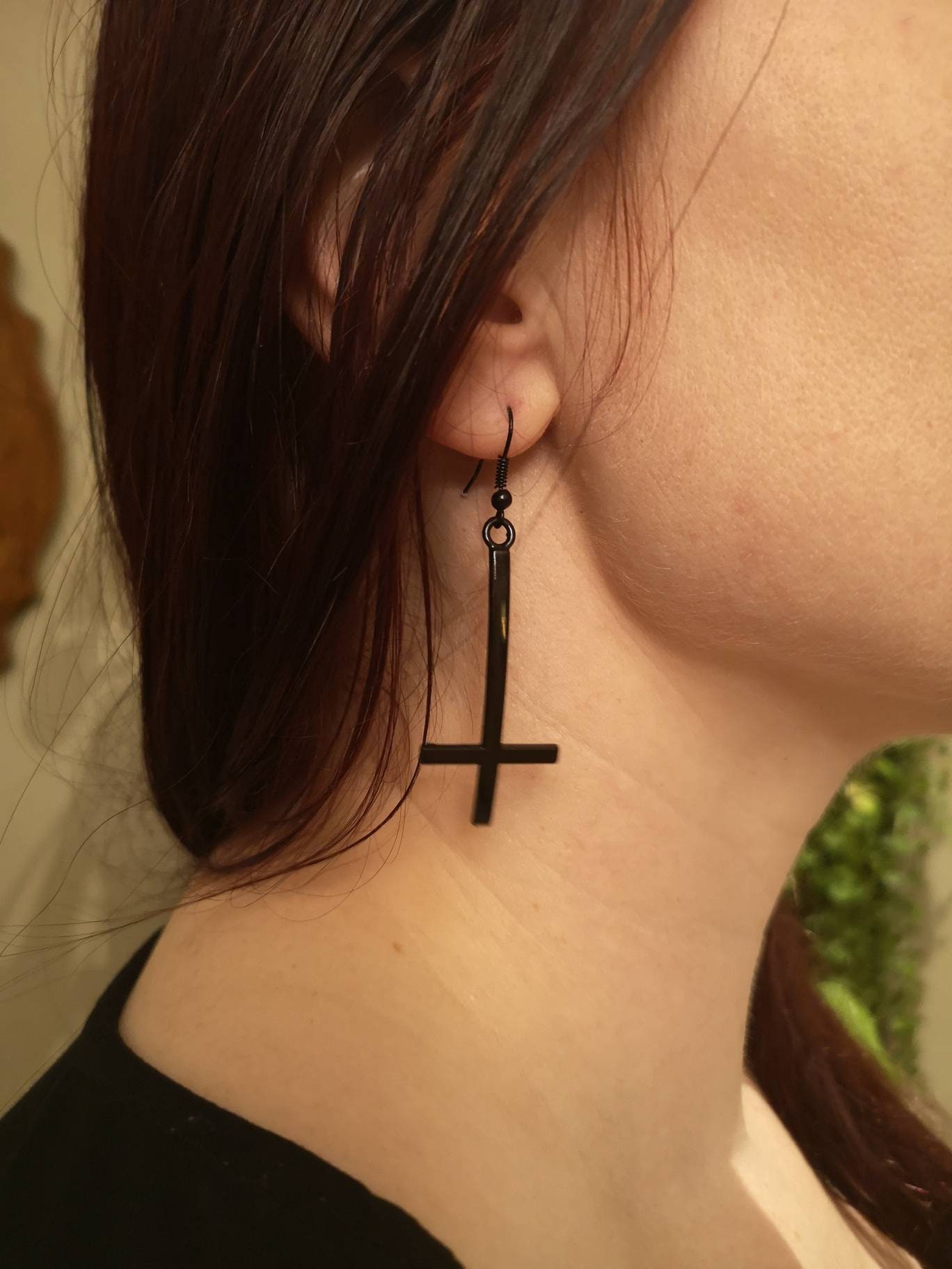 1-1/4 Black Upside Down Cross Anodized Steel Earrings.
