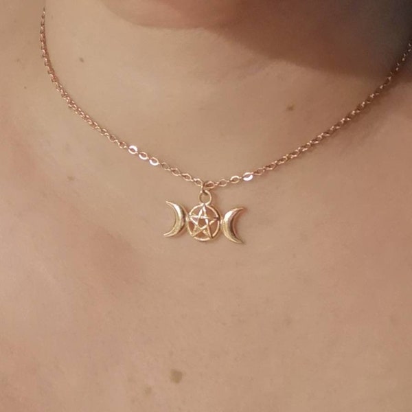 Rose gold Triple moon pentagram choker necklace with stainless steel chain