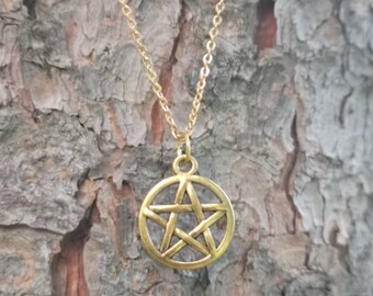 Antique gold plated pentagram choker necklace with antique gold stainless steel chain