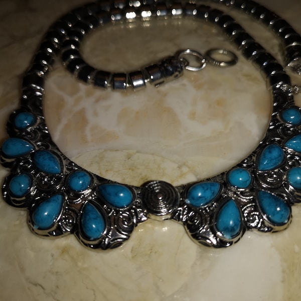 Vintage Boho ethnischen Silber Ton mit türkisblauen Steinen Halskette