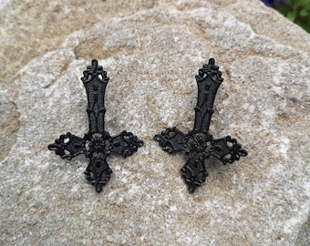 The Inverted filigree design Black Cross studs earrings