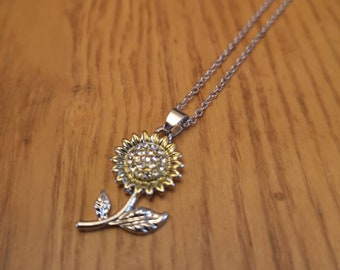 Beautiful sunflower silver and gold with rhinestones stainless steel chain 18 inches