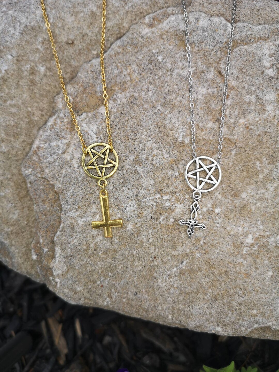 Small Inverted Cross & Inverted Pentagram Pendant Choker Necklace With ...