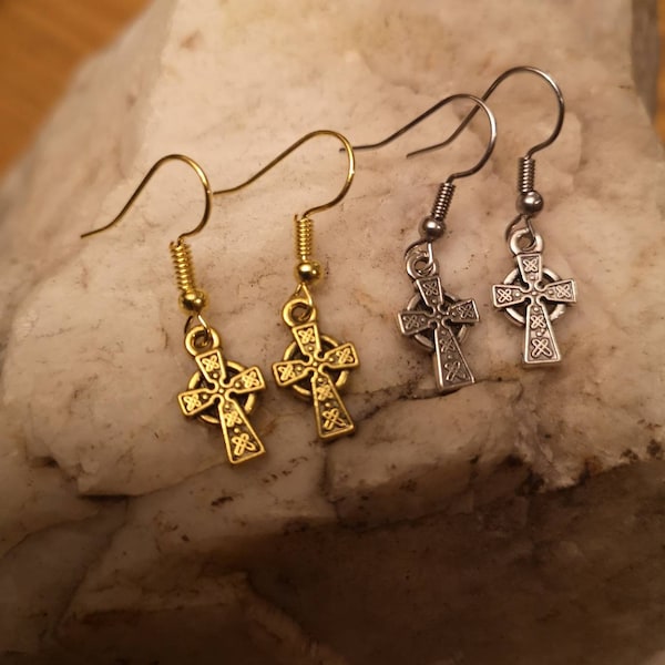 Small Gold or antique silver Celtic Cross hook earrings