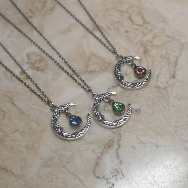 Unique Moon & Birthstone pendant reversible choker necklace with stainless steel chain