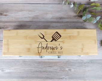 Custom Engraved BBQ Grill Tool Set: Bamboo Case, Stainless Steel 3-Piece