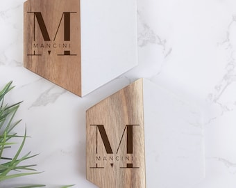 Personalized Marble Wood Coaster, Hexagon Engraved Drink Coaster, Wedding, Couples or Housewarming Gift