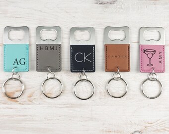 Personalized Leather Bottle Opener Keychain: Engraved Stainless Steel Groomsmen Gift