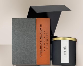 Personalized Corporate Gift Set: Engraved Leather Portfolio, Sea Salt Candle