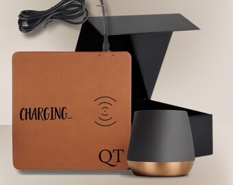 Personalized Office Gift Set: Leather Wireless Charging Mat & Ceramic Mug