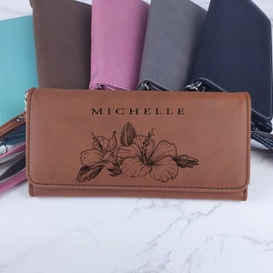 Custom Leather Wallet, Womens Wristlet, Flower Design, RFID Wallet, Card Holder, Ladies Purse, Gift For Mom