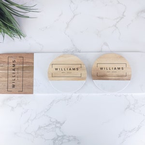 Personalized Acacia Marble Cheese Board and Coaster Set: Engraved Serving Tray