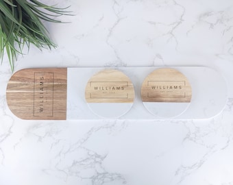 Tabla de quesos y posavasos de mármol de acacia personalizados: Bandeja grabada