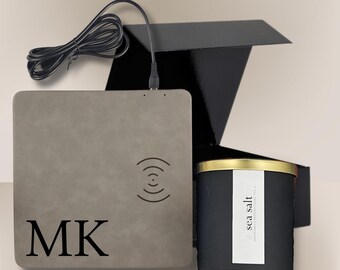 Personalized Employee Gift Set: Leather Wireless Charger, Soy Candle