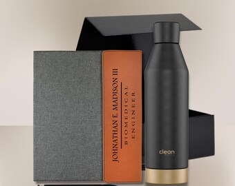 Personalized Leather Portfolio & Stainless Steel Water Bottle - Thoughtful Business Gift