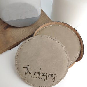 Personalized Leather Coaster Set of 6, Custom Name Initials Engraved Round Coasters, Wedding Table Drink Coasters, Housewarming Gift