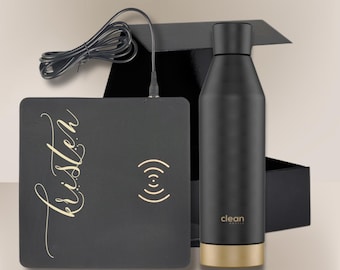 Personalized Wellness Gift Set: Leather Wireless Charging Mat & Stainless Steel Water Bottle