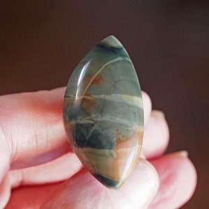 May include: A teardrop-shaped cabochon of green, brown, and white banded agate. The stone is polished and has a smooth, glossy finish.