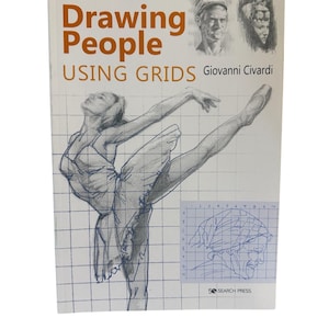 May include: Book cover with the title "Drawing People Using Grids" by Giovanni Civardi. The cover features a drawing of a ballerina in a grid pattern, and a smaller drawing of a person's head in a grid pattern.