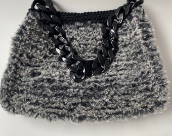 hand knitted bag, gray bag, black bag, furry bag, designer bag, style bag, handbag, arm bag, handmade bag