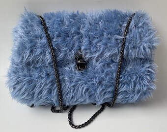Hand-knitted bag, blue bag, box bag, chain strap bag, stylish bag.