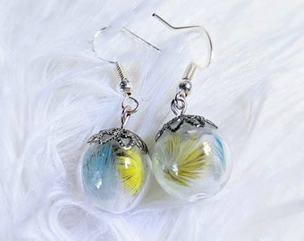 Mixed Color Budgie Feather Glass Globe Earrings - Ethically Sourced