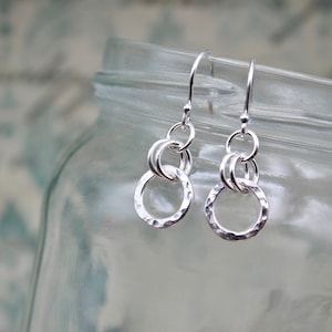 Hammered Sterling Silver Circle Drop Earrings: Everyday Modern Dangle Jewellery, 10mm Wide