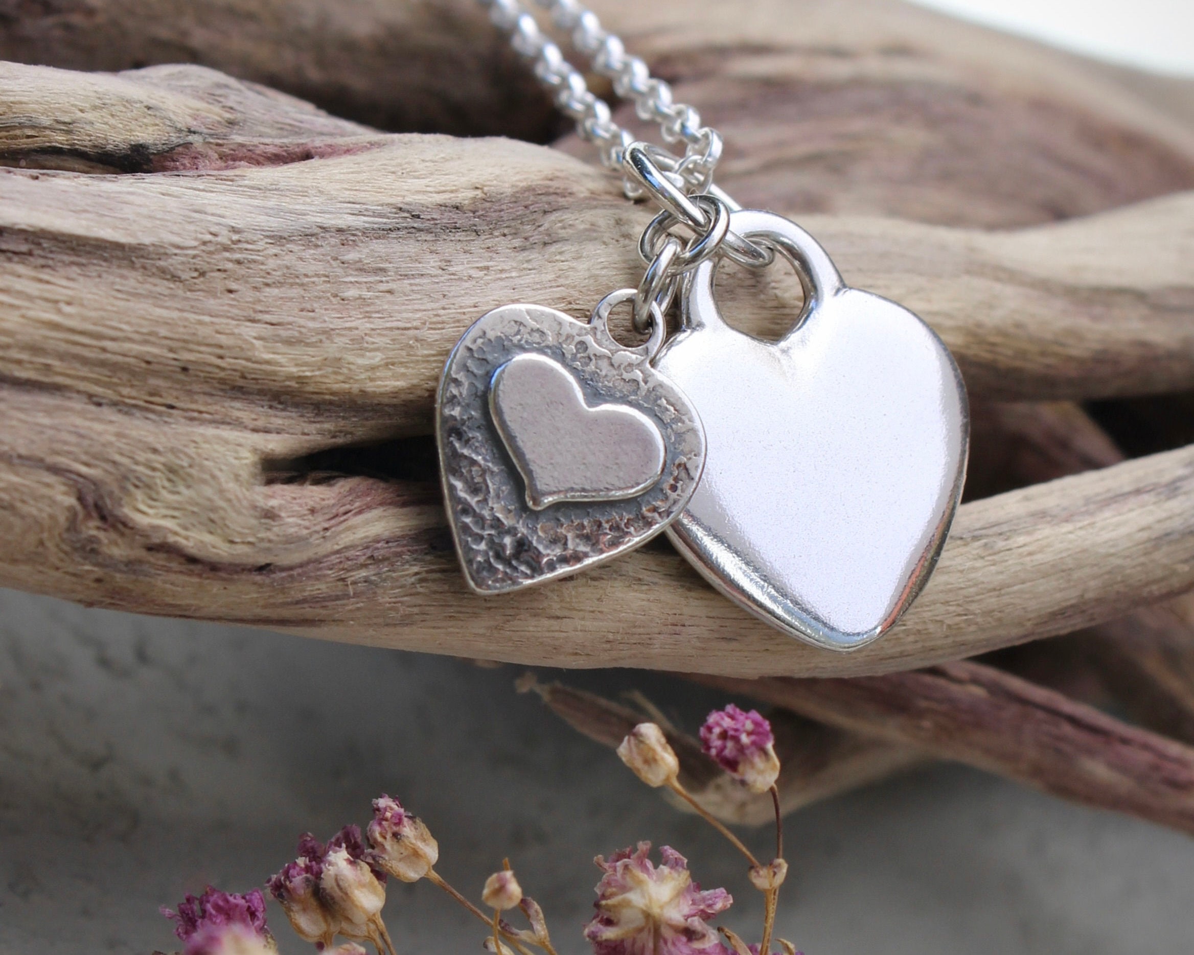 Triple Love Heart Pendant Necklace • Solid Sterling Silver