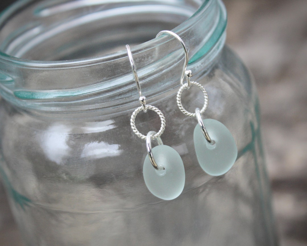 Aqua Sea Glass Drop Earrings Sterling Silver Jewellery Genuine Sea