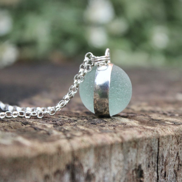 Large Sea Glass Codd Marble Necklace • Handmade Sterling Silver Jewellery • Genuine Rare Seafoam Green Sea Glass Pendant