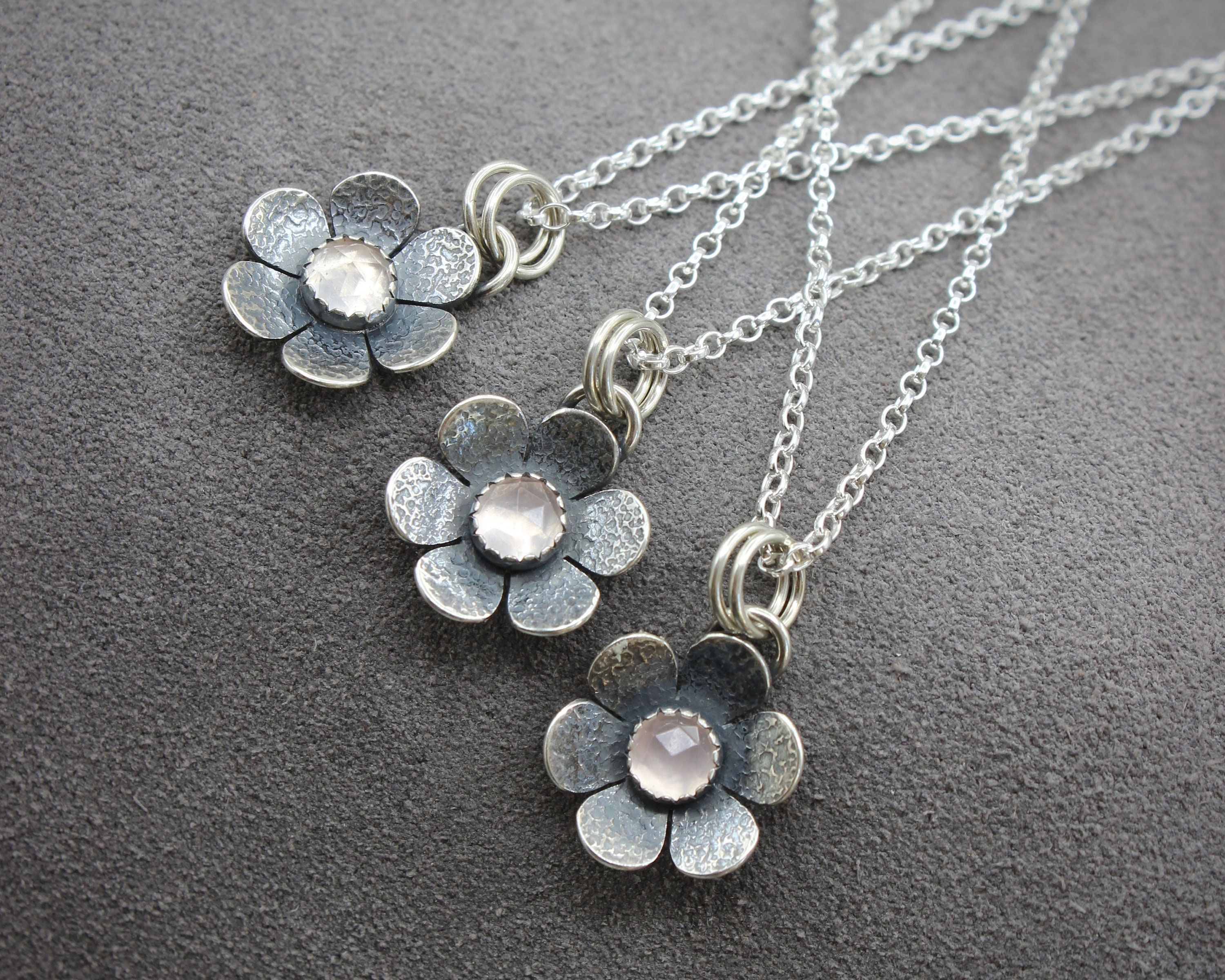 Silver Rose Quartz Little Flower Pendant Handcrafted