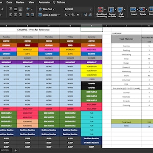 May include: A spreadsheet with a time blocking template for a week. The template includes time slots for sleep, coffee, work, side hustle, meal prep, dinner, fun, and bedtime routine. The spreadsheet also includes a task planner with estimated time for each task.
