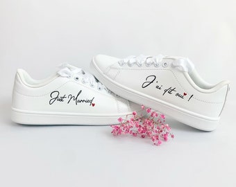 Personalized unisex sneakers for Wedding "I Said Yes!" in leather or imitation leather, Hand painting in France