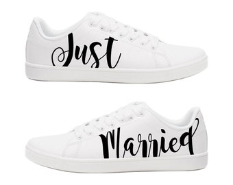 Baskets personnalisées unisexe pour Mariage " Just Married 2 " en cuir ou simili cuir, Peinture à la main en France