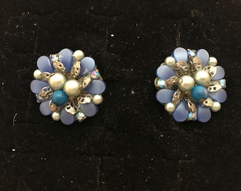 Vintage Blue and Silver Beaded Cluster Clip-On Earrings