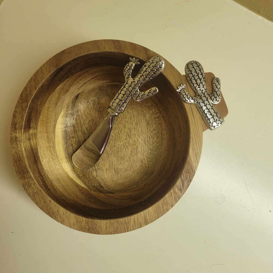 Mango Wood Condiment Bowl With Cactus Shaped Spreader Etsy