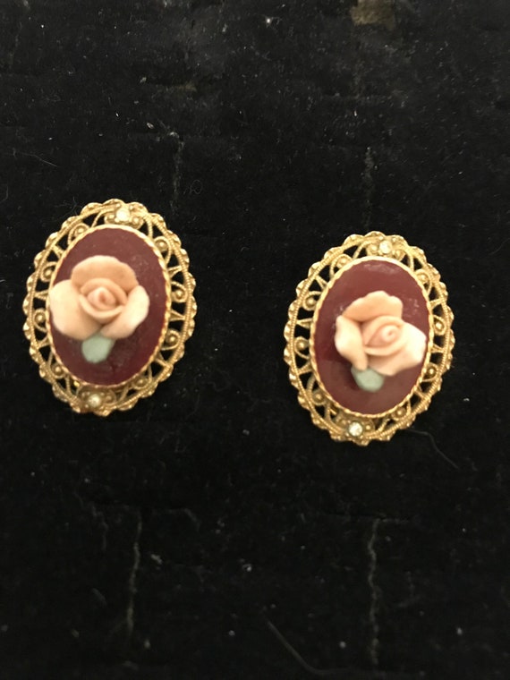 Vintage Porcelain Rose Clip-On Earrings