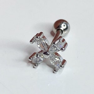 S925 Polished Silver Barbell Stud Bar Labret 4 Leaf Helix Piercing, Dainty CZ Earring, Cartilage Stud, 16 Gauge