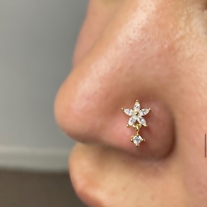 Five Petal Flower Push Pin Nose Stud, Indian Dangle Nose Stud, Tragus Stud, Helix Stud, Gold Nose Piercing, Silver Nose Stud, 20Gauge Stud