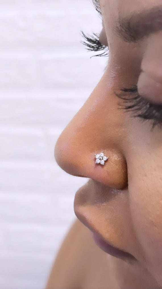 1pc Stainless Steel L-shaped Nose Stud/nose Ring With Single Red Cz Flower  Petal Design, Silver/gold Tone