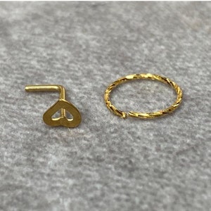 316L stainless steel L shape hollow heart nose stud / 925 sterling silver diamond cut seamless nose hoop / Set of 2 / Gift set/ Gift For Her