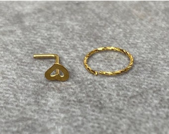 Set di orecchini a forma di cuore e anello al naso in argento sterling