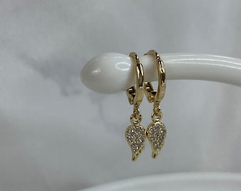 Gold Sparkly Crystals Children’s Dangling Angel Wing Charms Huggie Hoop Earrings